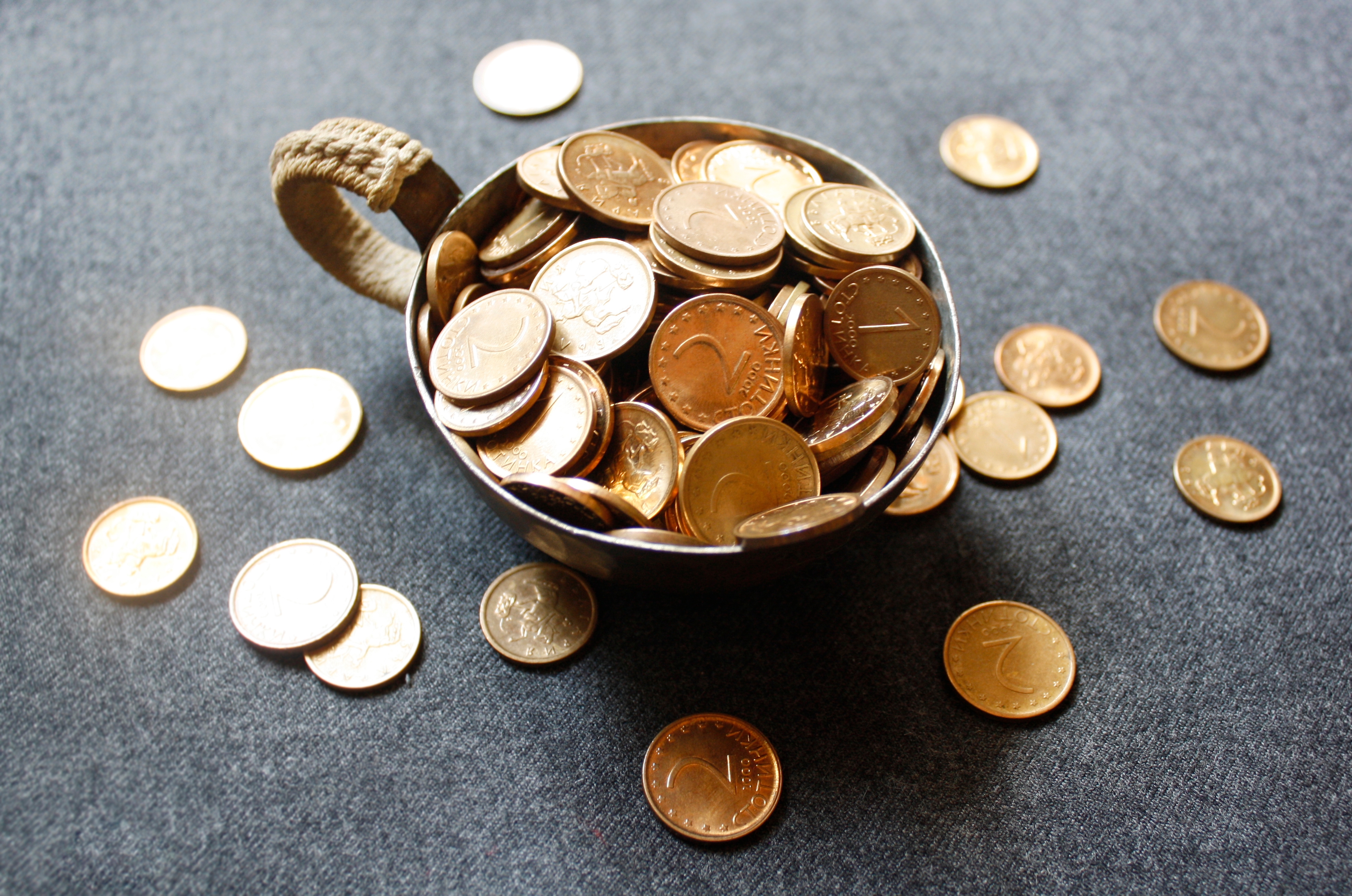 Golden coins in metal cup