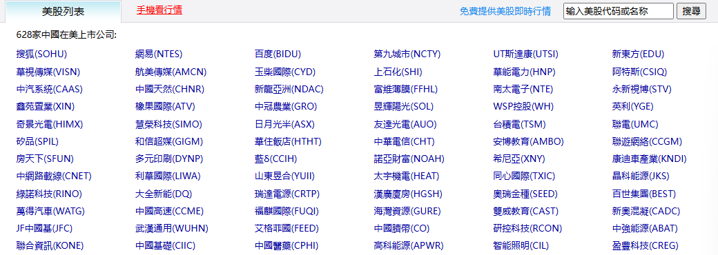 股票代碼（在美國上市的中國公司）