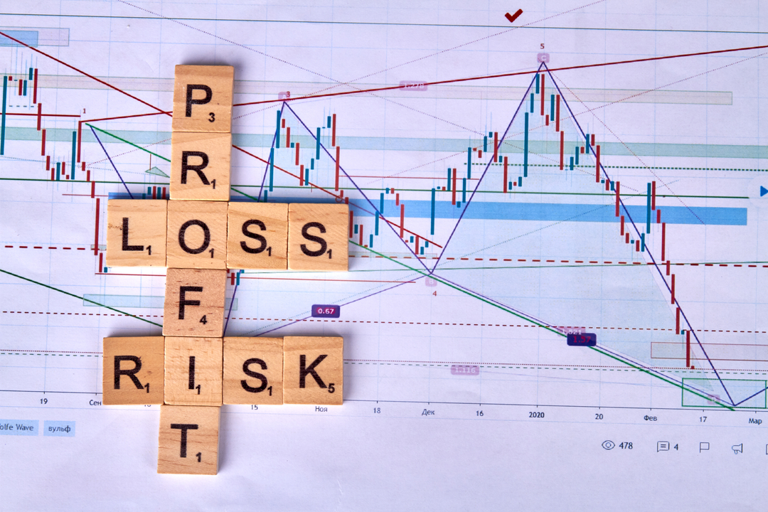 Wooden cubes with profit risk and loss words - ebc