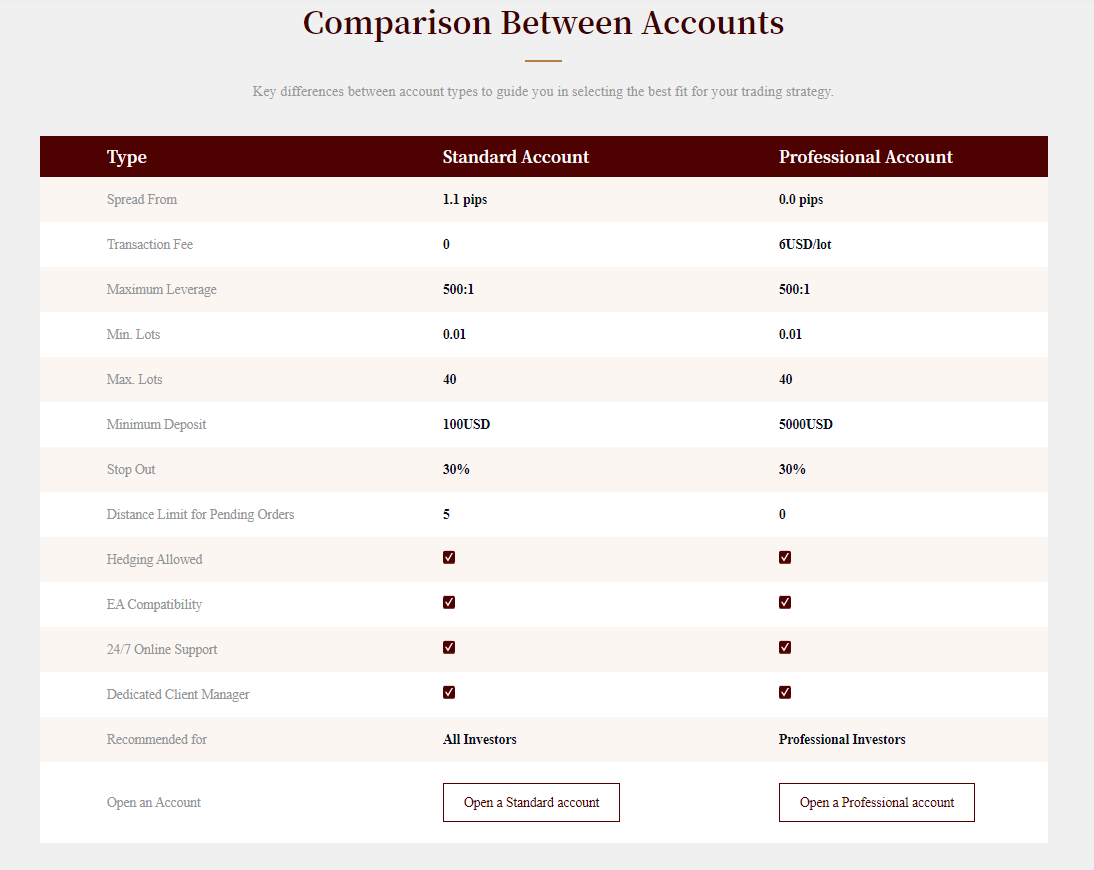 Comparison Between Standard Account and Professional Account-ebc