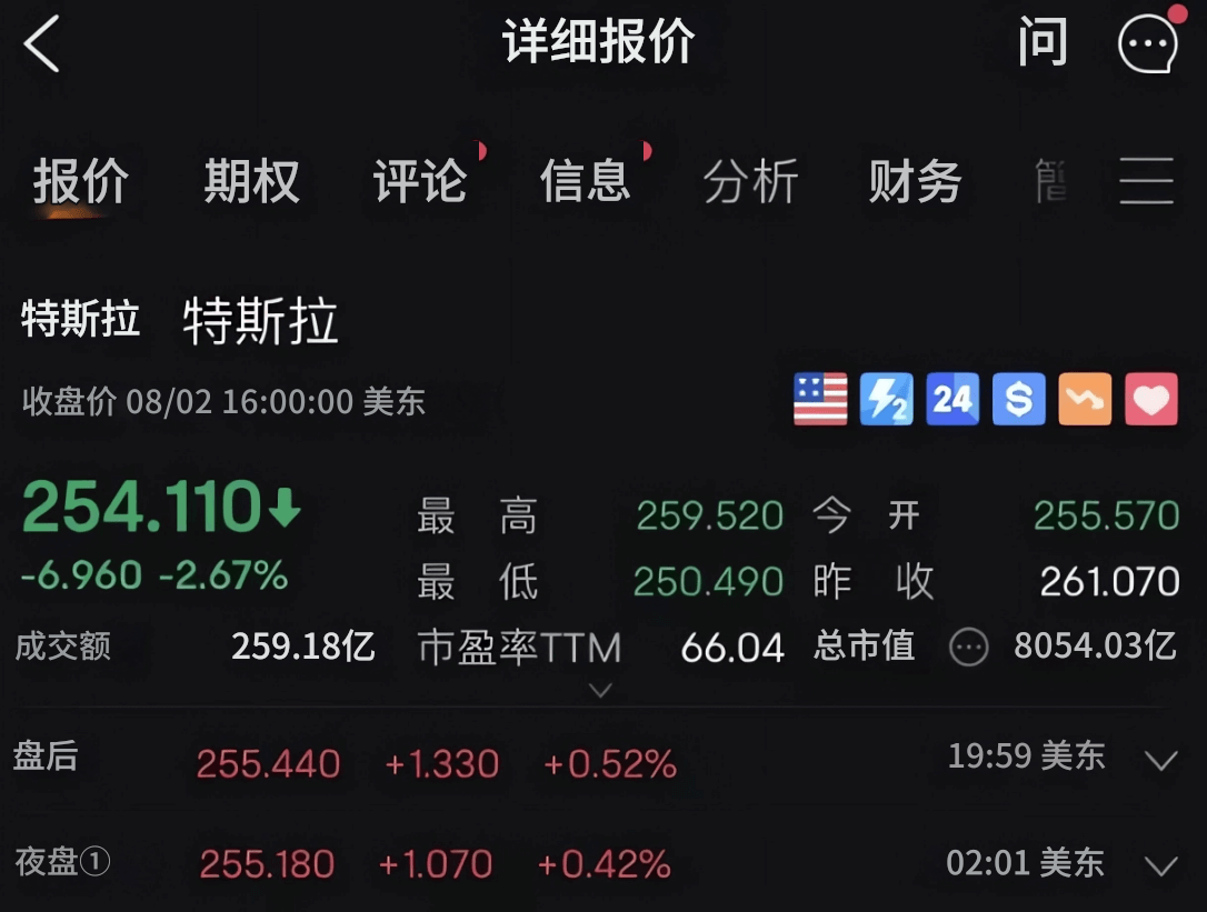 美股（特斯拉）价格