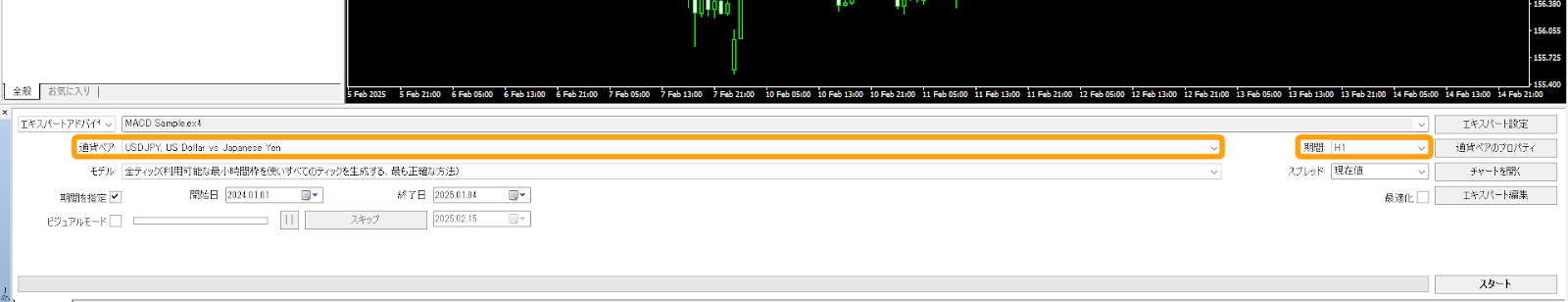 通貨ペアと時間足を指定する