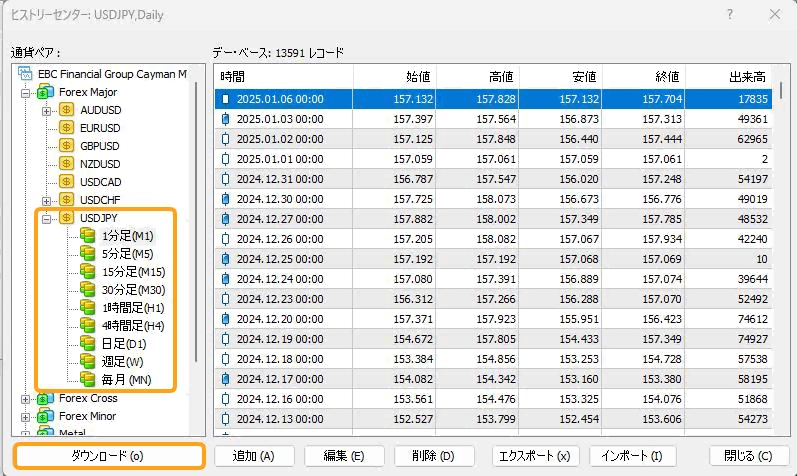 データが欲しい銘柄と時間足を指定して